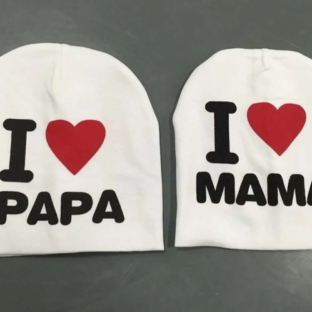 Baby Cap Beanie Hat  I Love Mama White Cotton 6-48 Months White Black Red Heart